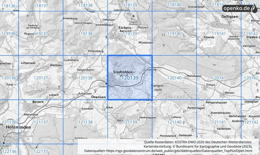 Übersichtskarte des KOSTRA-DWD-2020-Rasterfeldes Nr. 120139