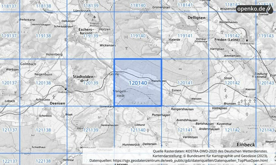 Übersichtskarte des KOSTRA-DWD-2020-Rasterfeldes Nr. 120140