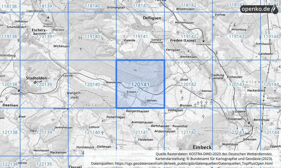 Übersichtskarte des KOSTRA-DWD-2020-Rasterfeldes Nr. 120141