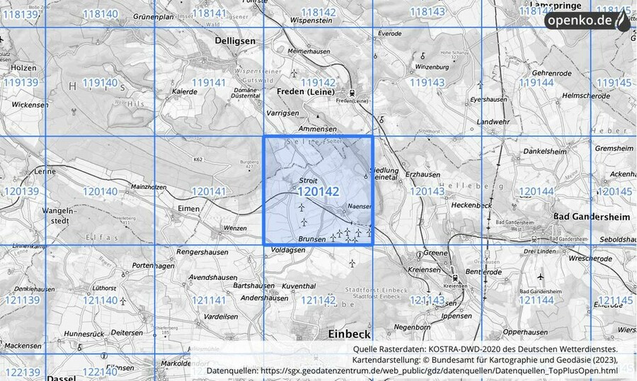 Übersichtskarte des KOSTRA-DWD-2020-Rasterfeldes Nr. 120142