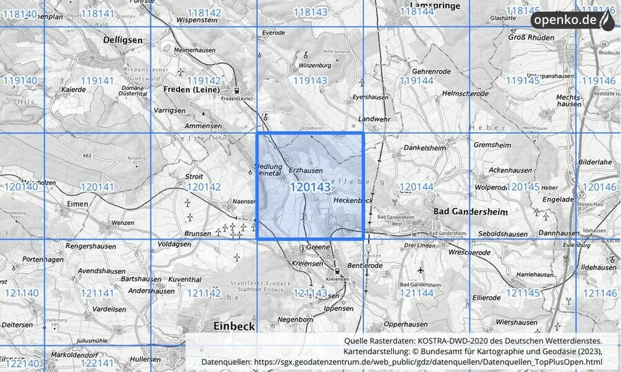 Übersichtskarte des KOSTRA-DWD-2020-Rasterfeldes Nr. 120143