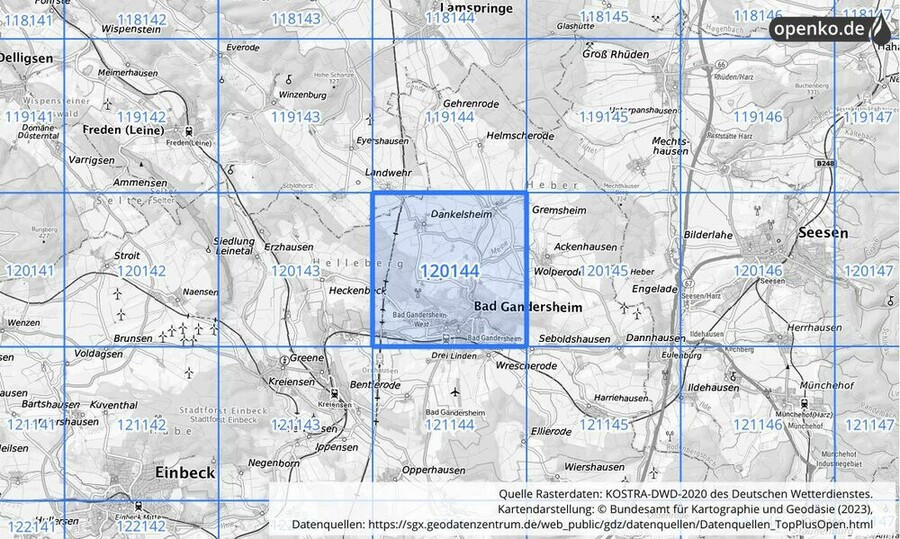 Übersichtskarte des KOSTRA-DWD-2020-Rasterfeldes Nr. 120144