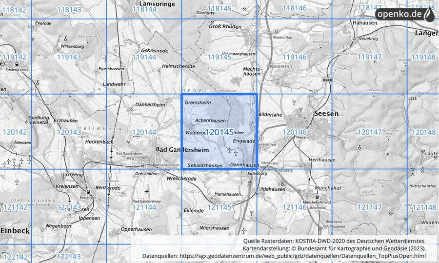 Übersichtskarte des KOSTRA-DWD-2020-Rasterfeldes Nr. 120145