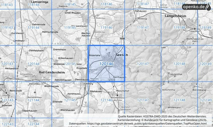 Übersichtskarte des KOSTRA-DWD-2020-Rasterfeldes Nr. 120146