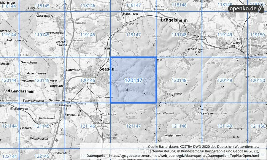 Übersichtskarte des KOSTRA-DWD-2020-Rasterfeldes Nr. 120147