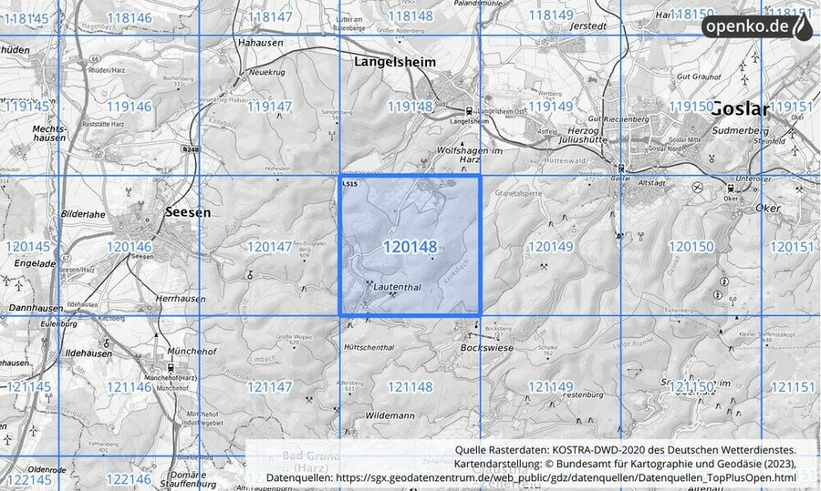 Übersichtskarte des KOSTRA-DWD-2020-Rasterfeldes Nr. 120148