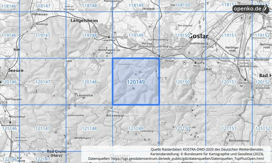 Übersichtskarte des KOSTRA-DWD-2020-Rasterfeldes Nr. 120149