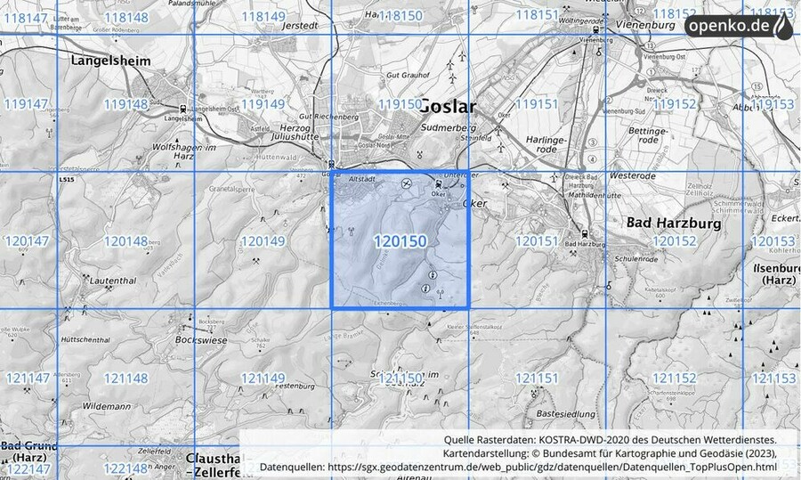 Übersichtskarte des KOSTRA-DWD-2020-Rasterfeldes Nr. 120150