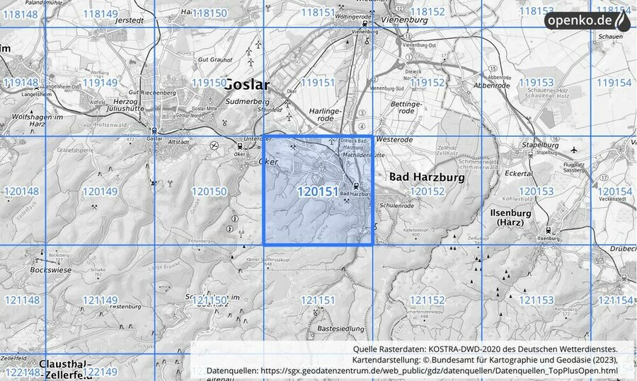 Übersichtskarte des KOSTRA-DWD-2020-Rasterfeldes Nr. 120151