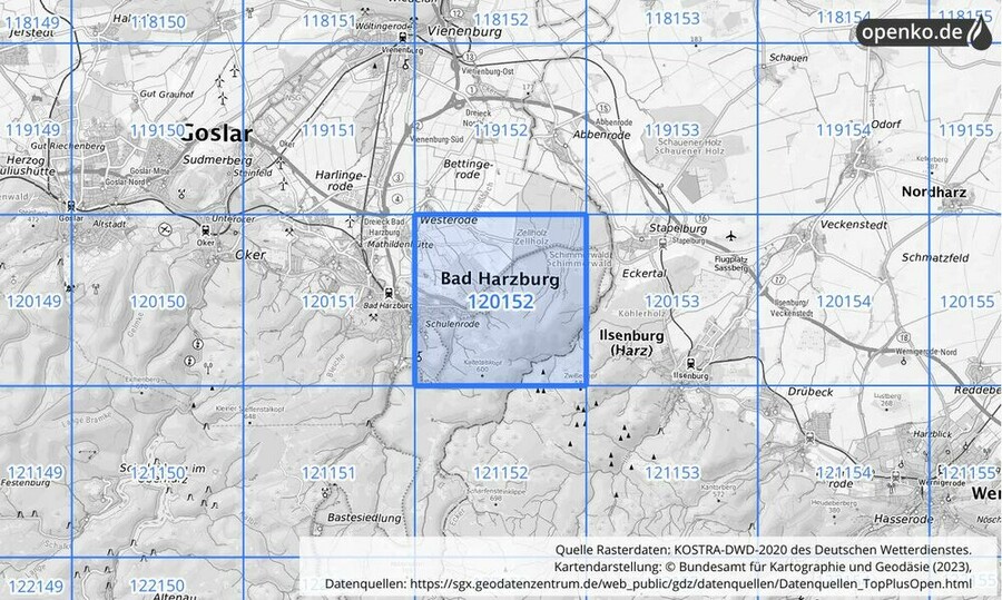 Übersichtskarte des KOSTRA-DWD-2020-Rasterfeldes Nr. 120152