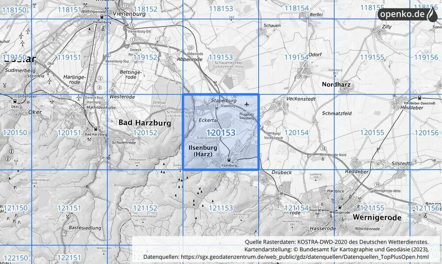 Übersichtskarte des KOSTRA-DWD-2020-Rasterfeldes Nr. 120153