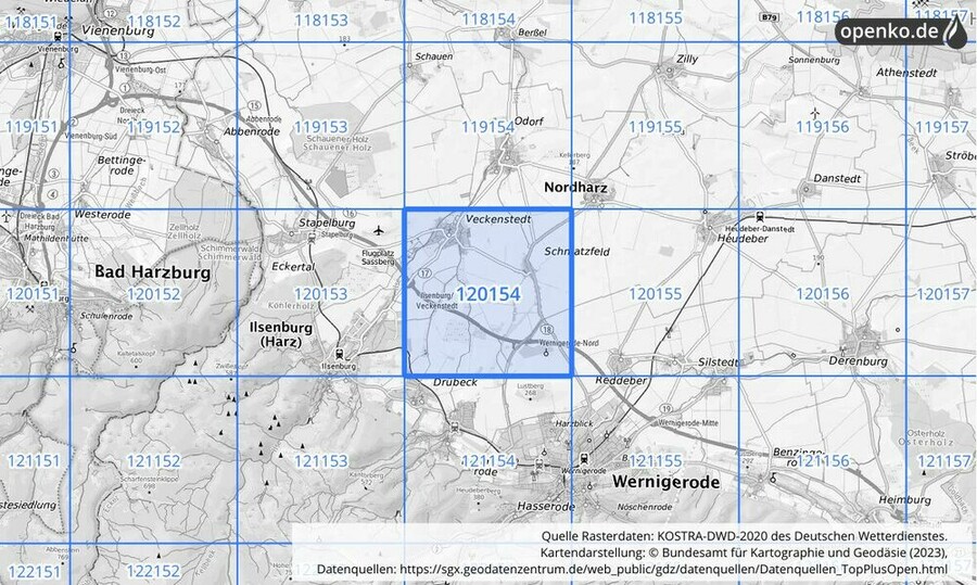 Übersichtskarte des KOSTRA-DWD-2020-Rasterfeldes Nr. 120154