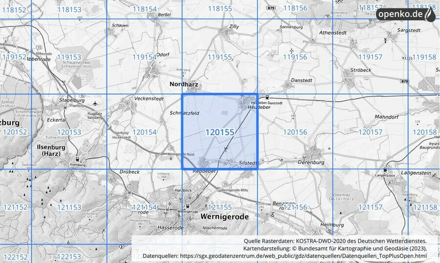 Übersichtskarte des KOSTRA-DWD-2020-Rasterfeldes Nr. 120155