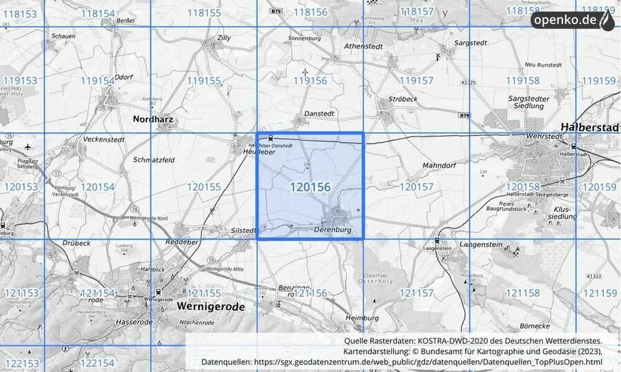 Übersichtskarte des KOSTRA-DWD-2020-Rasterfeldes Nr. 120156