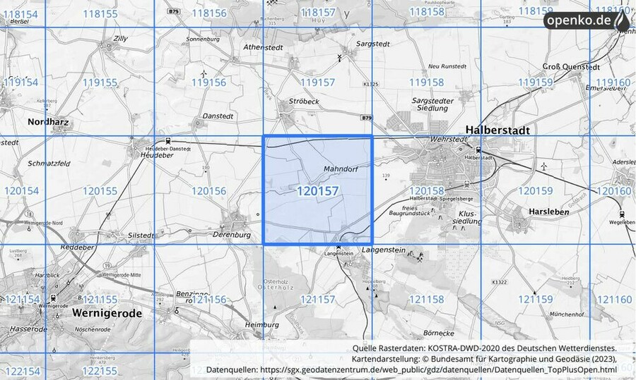 Übersichtskarte des KOSTRA-DWD-2020-Rasterfeldes Nr. 120157