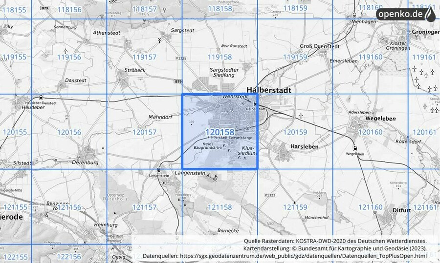 Übersichtskarte des KOSTRA-DWD-2020-Rasterfeldes Nr. 120158