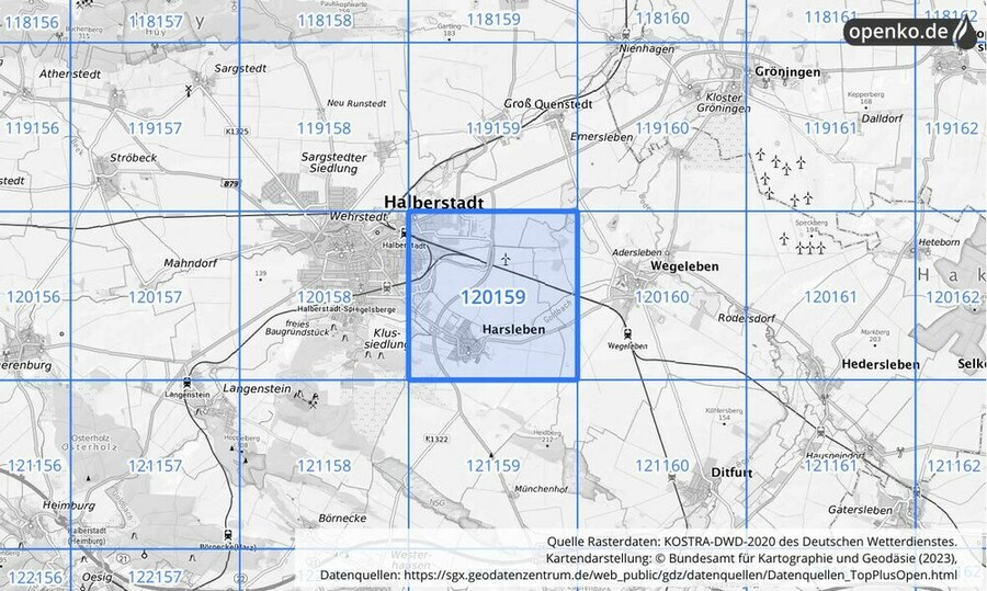 Übersichtskarte des KOSTRA-DWD-2020-Rasterfeldes Nr. 120159