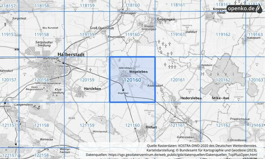 Übersichtskarte des KOSTRA-DWD-2020-Rasterfeldes Nr. 120160