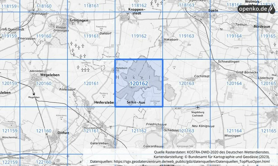 Übersichtskarte des KOSTRA-DWD-2020-Rasterfeldes Nr. 120162