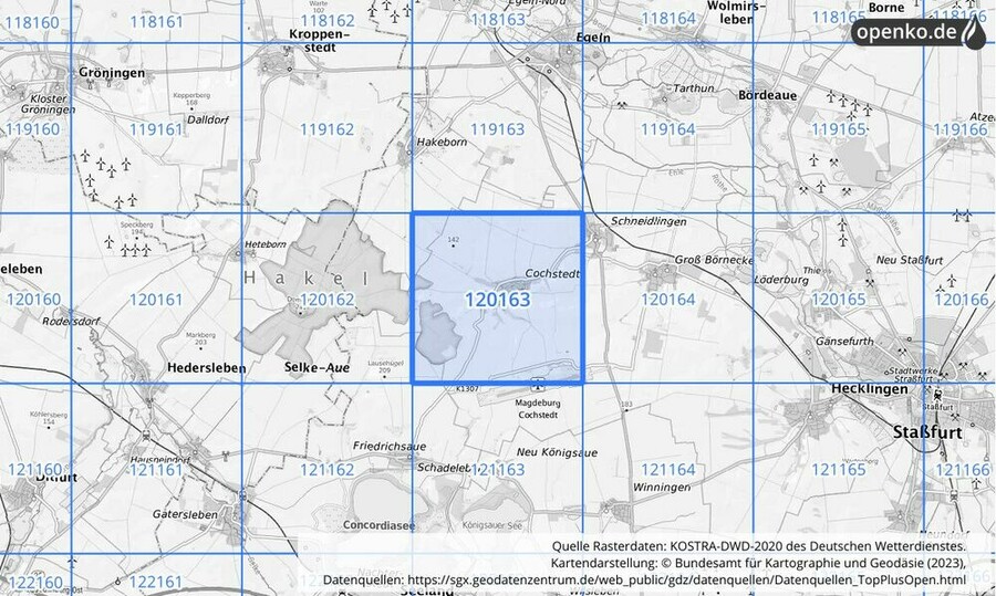 Übersichtskarte des KOSTRA-DWD-2020-Rasterfeldes Nr. 120163