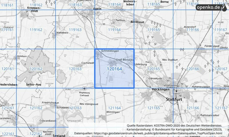 Übersichtskarte des KOSTRA-DWD-2020-Rasterfeldes Nr. 120164