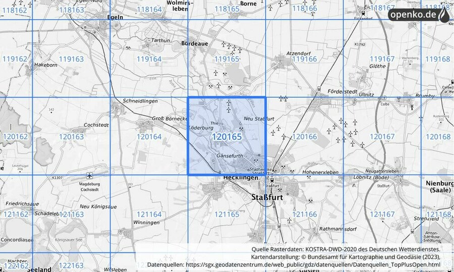 Übersichtskarte des KOSTRA-DWD-2020-Rasterfeldes Nr. 120165