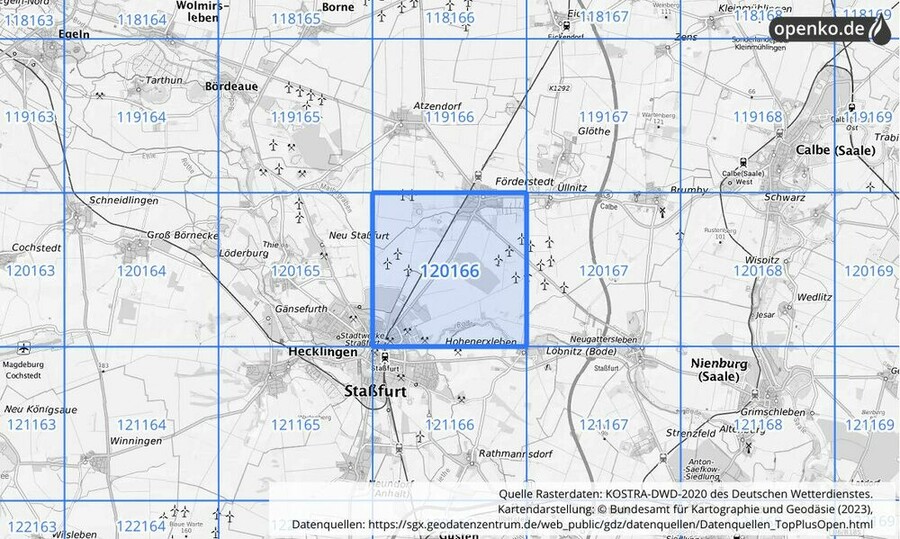 Übersichtskarte des KOSTRA-DWD-2020-Rasterfeldes Nr. 120166