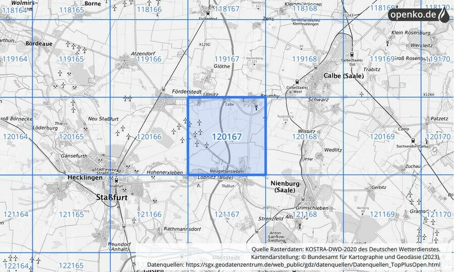 Übersichtskarte des KOSTRA-DWD-2020-Rasterfeldes Nr. 120167