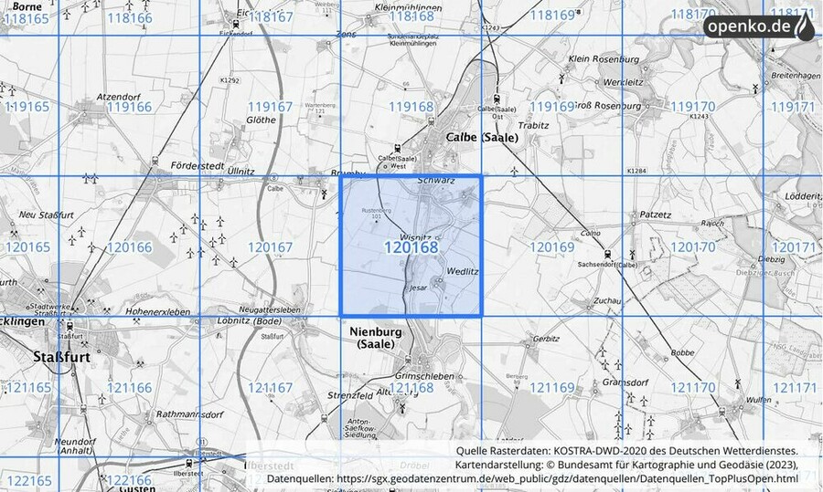 Übersichtskarte des KOSTRA-DWD-2020-Rasterfeldes Nr. 120168