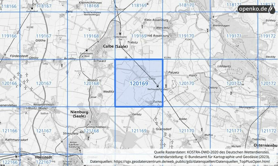 Übersichtskarte des KOSTRA-DWD-2020-Rasterfeldes Nr. 120169