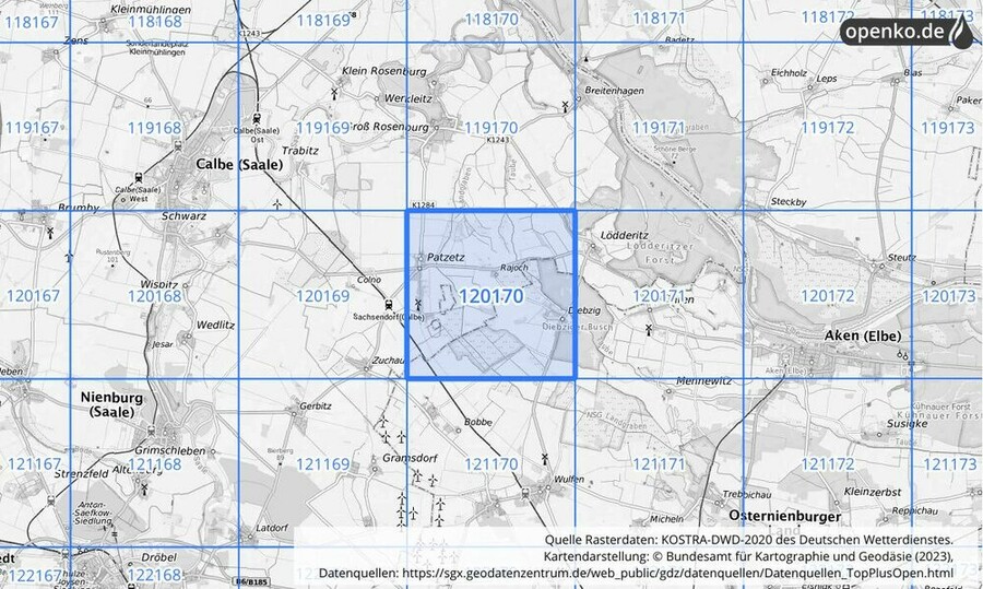 Übersichtskarte des KOSTRA-DWD-2020-Rasterfeldes Nr. 120170