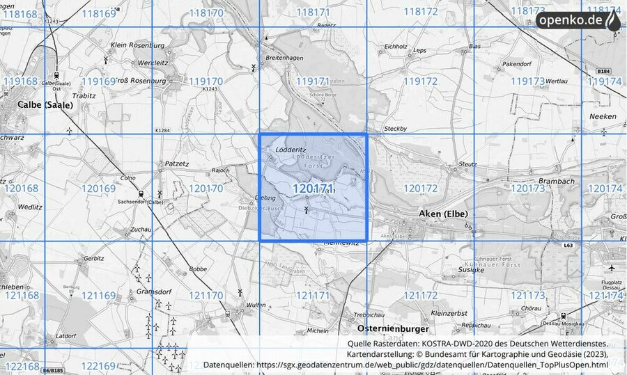 Übersichtskarte des KOSTRA-DWD-2020-Rasterfeldes Nr. 120171