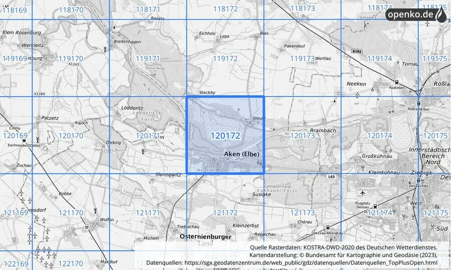 Übersichtskarte des KOSTRA-DWD-2020-Rasterfeldes Nr. 120172