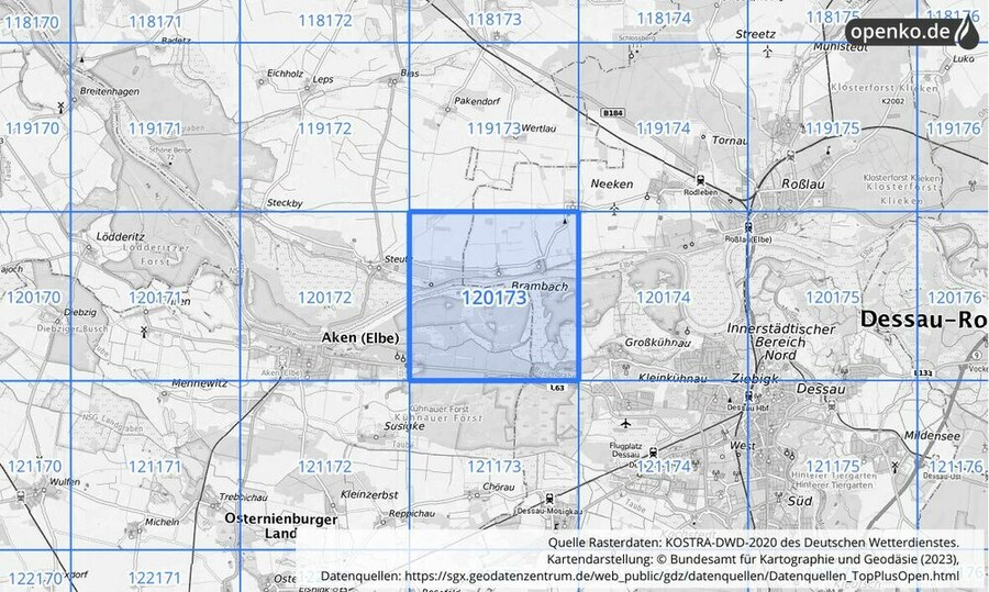 Übersichtskarte des KOSTRA-DWD-2020-Rasterfeldes Nr. 120173