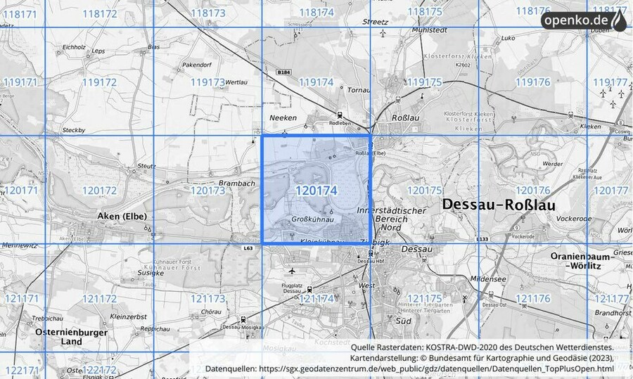 Übersichtskarte des KOSTRA-DWD-2020-Rasterfeldes Nr. 120174