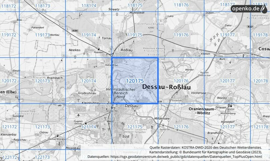 Übersichtskarte des KOSTRA-DWD-2020-Rasterfeldes Nr. 120175