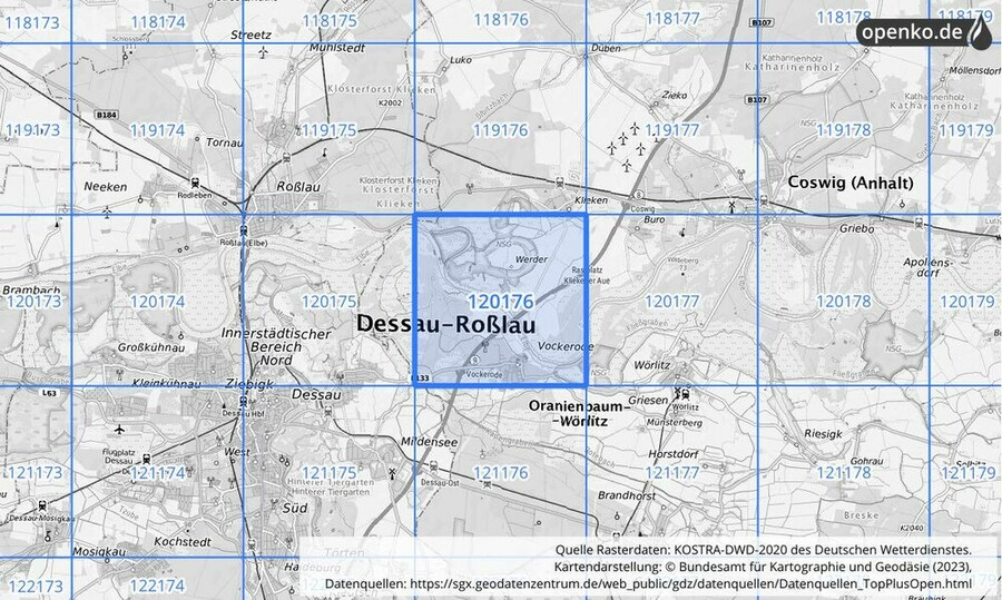 Übersichtskarte des KOSTRA-DWD-2020-Rasterfeldes Nr. 120176