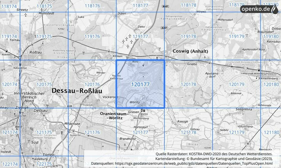 Übersichtskarte des KOSTRA-DWD-2020-Rasterfeldes Nr. 120177