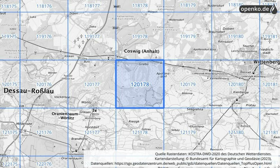 Übersichtskarte des KOSTRA-DWD-2020-Rasterfeldes Nr. 120178