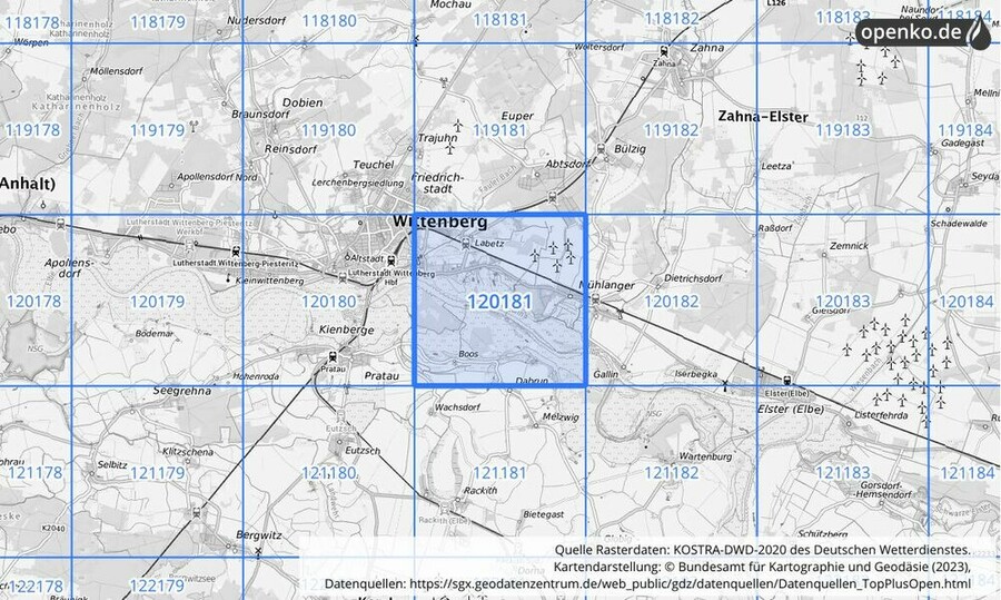 Übersichtskarte des KOSTRA-DWD-2020-Rasterfeldes Nr. 120181