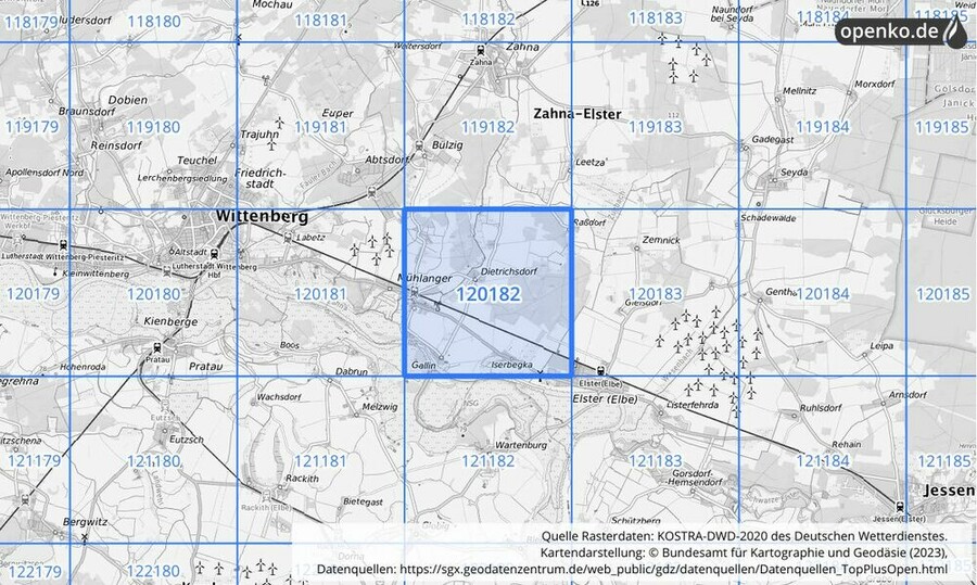 Übersichtskarte des KOSTRA-DWD-2020-Rasterfeldes Nr. 120182