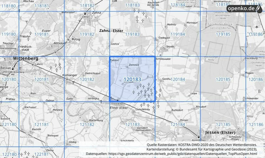 Übersichtskarte des KOSTRA-DWD-2020-Rasterfeldes Nr. 120183