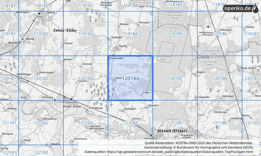 Übersichtskarte des KOSTRA-DWD-2020-Rasterfeldes Nr. 120184