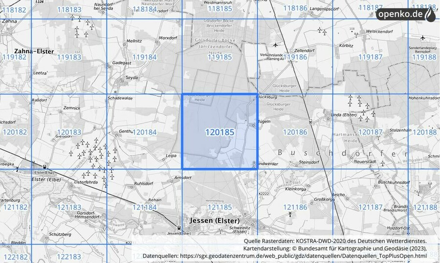 Übersichtskarte des KOSTRA-DWD-2020-Rasterfeldes Nr. 120185