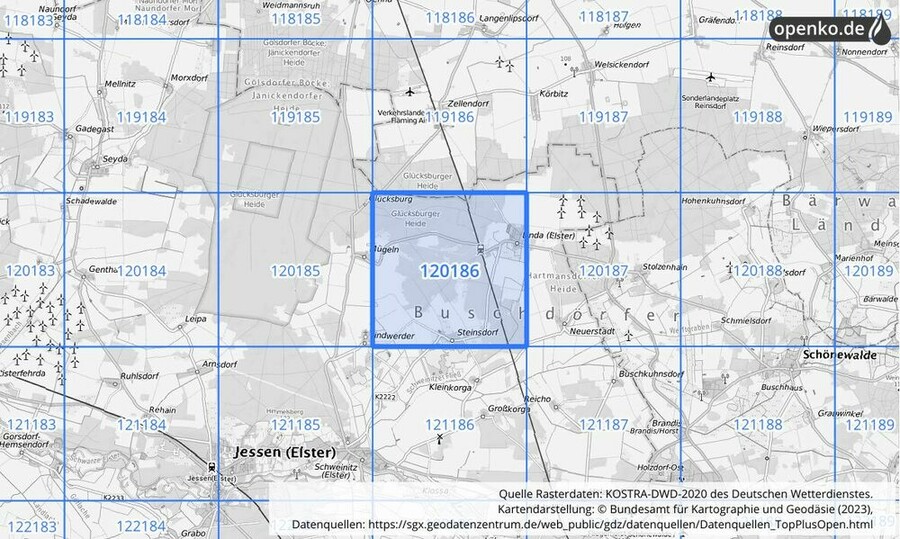 Übersichtskarte des KOSTRA-DWD-2020-Rasterfeldes Nr. 120186