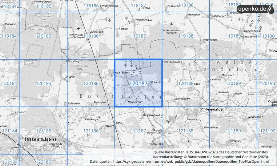 Übersichtskarte des KOSTRA-DWD-2020-Rasterfeldes Nr. 120187