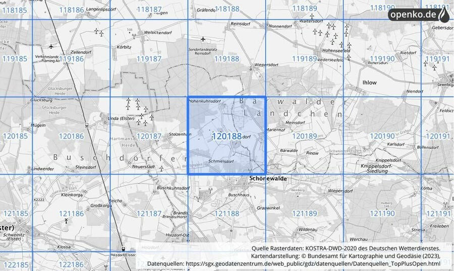 Übersichtskarte des KOSTRA-DWD-2020-Rasterfeldes Nr. 120188