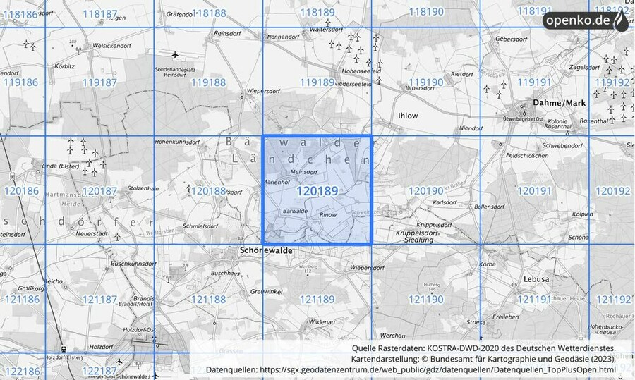 Übersichtskarte des KOSTRA-DWD-2020-Rasterfeldes Nr. 120189