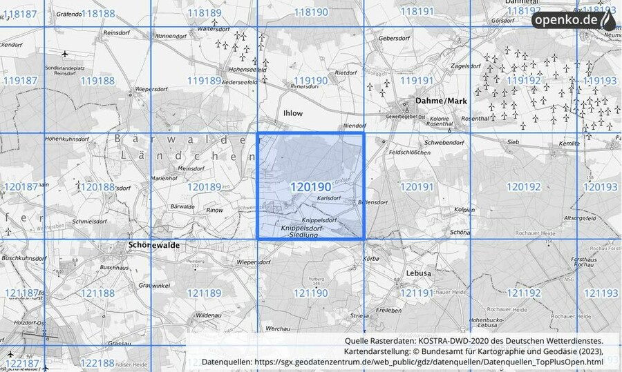 Übersichtskarte des KOSTRA-DWD-2020-Rasterfeldes Nr. 120190