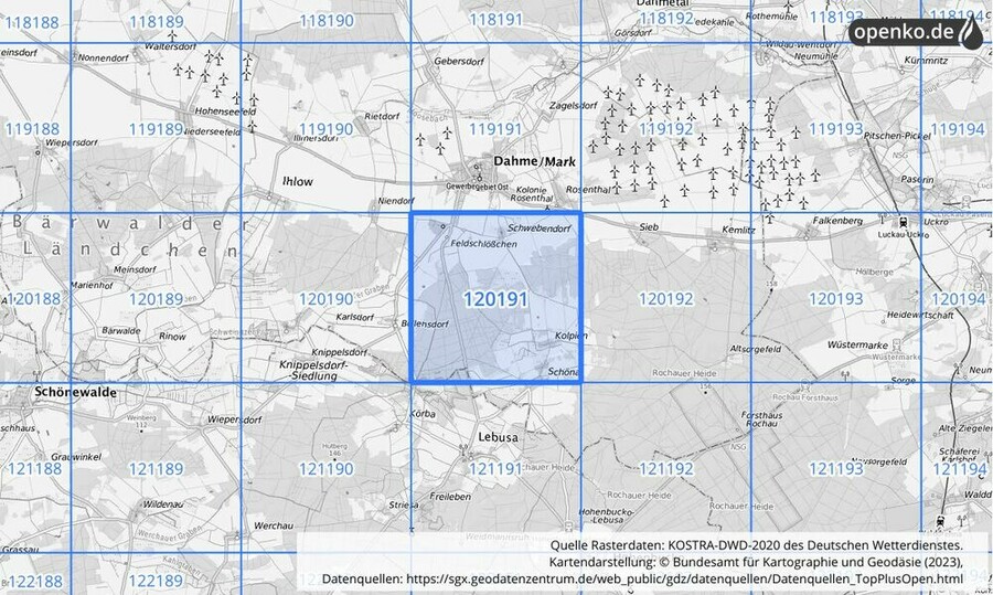 Übersichtskarte des KOSTRA-DWD-2020-Rasterfeldes Nr. 120191